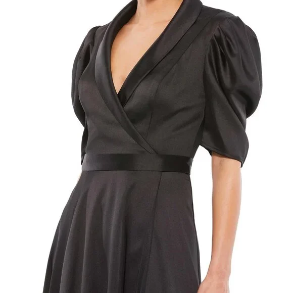 NEW | Mac Duggal 26628 Black Satin Lapel Puff Sleeve Tea Length Dress 8 - Picture 3 of 5